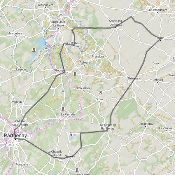 Map miniature of "Châtillon-sur-Thouet to La Chapelle-Bertrand Loop" cycling inspiration in Poitou-Charentes, France. Generated by Tarmacs.app cycling route planner