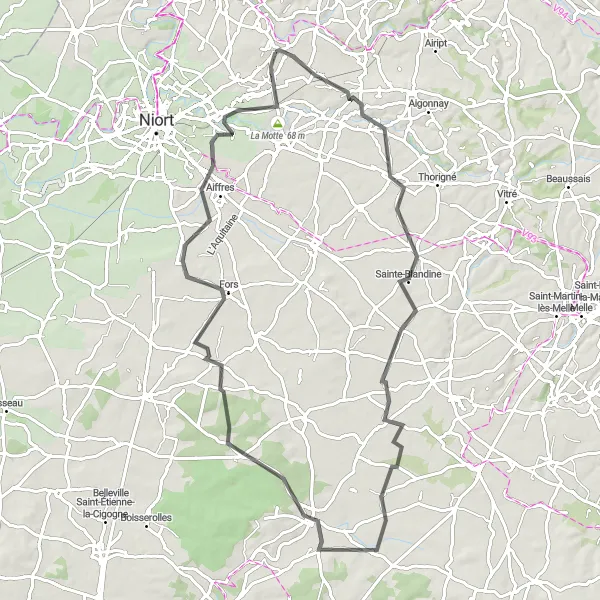 Map miniature of "Road to Chizé" cycling inspiration in Poitou-Charentes, France. Generated by Tarmacs.app cycling route planner