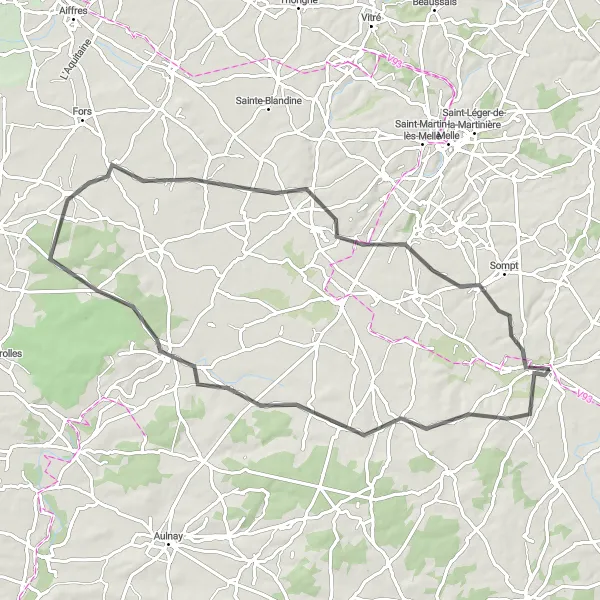 Miniature de la carte de l'inspiration cycliste "La Route des Champs" dans la Poitou-Charentes, France. Générée par le planificateur d'itinéraire cycliste Tarmacs.app