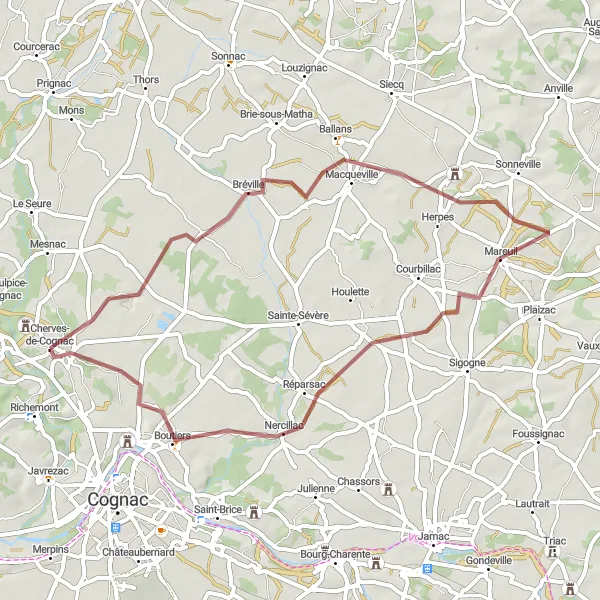 Map miniature of "Gravel Adventure in Bréville and Mareuil" cycling inspiration in Poitou-Charentes, France. Generated by Tarmacs.app cycling route planner