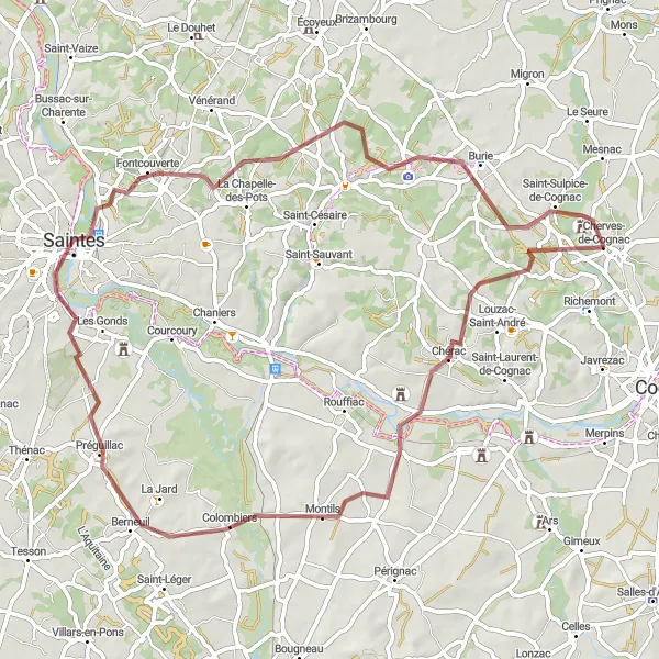 Map miniature of "Chérac to Cherves-de-Cognac Gravel Route" cycling inspiration in Poitou-Charentes, France. Generated by Tarmacs.app cycling route planner