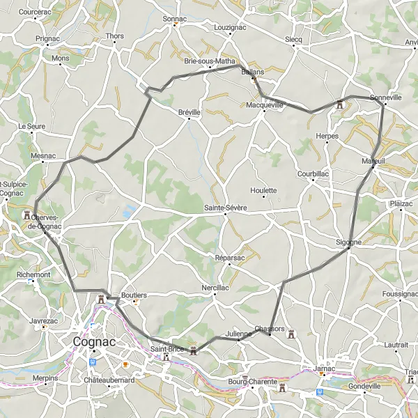 Map miniature of "Château Chesnel to Chassors Road Route" cycling inspiration in Poitou-Charentes, France. Generated by Tarmacs.app cycling route planner