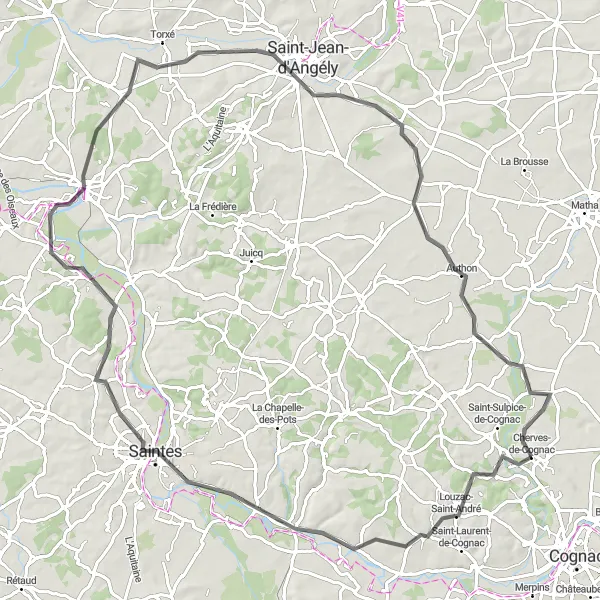 Map miniature of "Chérac and Saintes Cycling Route" cycling inspiration in Poitou-Charentes, France. Generated by Tarmacs.app cycling route planner