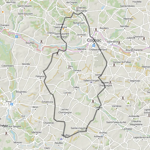 Map miniature of "Cognac to Louzac-Saint-André Road Route" cycling inspiration in Poitou-Charentes, France. Generated by Tarmacs.app cycling route planner