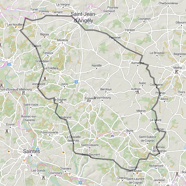 Miniature de la carte de l'inspiration cycliste "Les Collines de Richemont" dans la Poitou-Charentes, France. Générée par le planificateur d'itinéraire cycliste Tarmacs.app