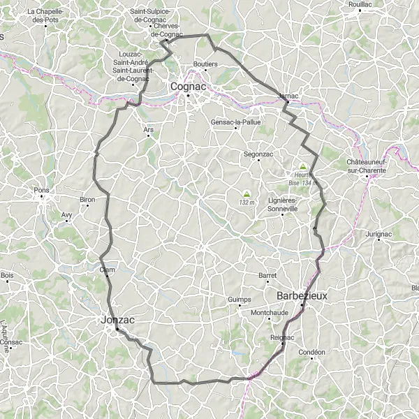 Miniature de la carte de l'inspiration cycliste "Les Châteaux de Charente" dans la Poitou-Charentes, France. Générée par le planificateur d'itinéraire cycliste Tarmacs.app