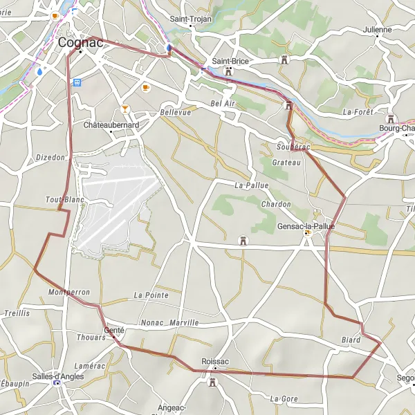 Map miniature of "Cognac Gensac-la-Pallue Genté Château de François-Ier Gravel Loop" cycling inspiration in Poitou-Charentes, France. Generated by Tarmacs.app cycling route planner