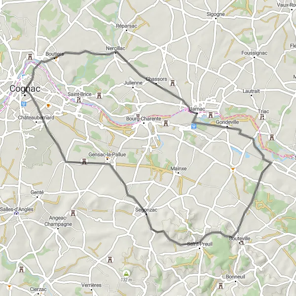 Map miniature of "Cognac Nercillac Jarnac Heurte Bise Saint-Preuil Circuit" cycling inspiration in Poitou-Charentes, France. Generated by Tarmacs.app cycling route planner