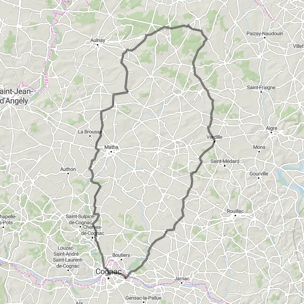 Map miniature of "Cognac Mesnac Villemorin Villiers-Couture Verdille Courbillac Nercillac Circuit" cycling inspiration in Poitou-Charentes, France. Generated by Tarmacs.app cycling route planner