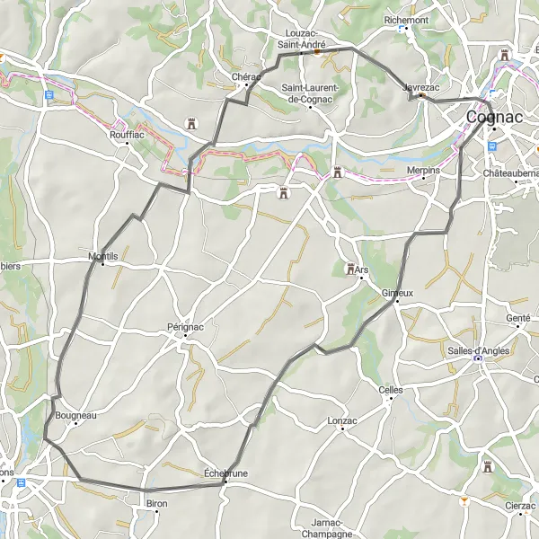 Map miniature of "Cognac Gimeux Coulonges Montils Brives-sur-Charente Circuit" cycling inspiration in Poitou-Charentes, France. Generated by Tarmacs.app cycling route planner