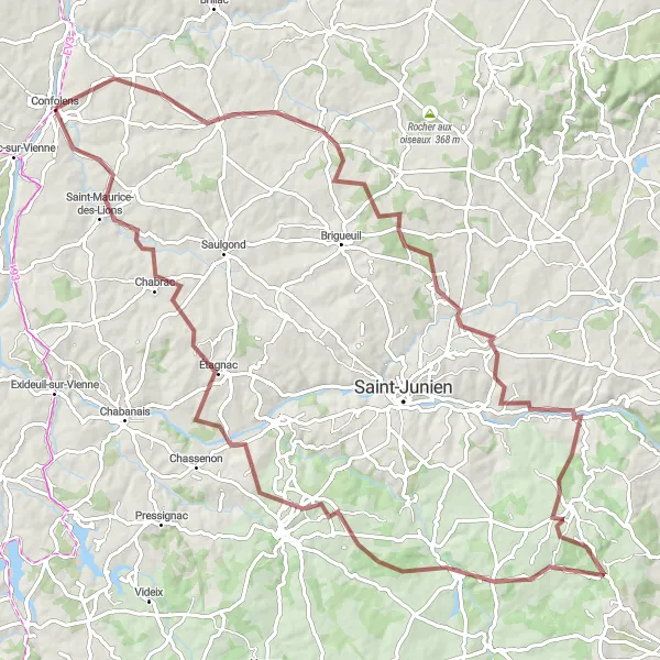 Miniature de la carte de l'inspiration cycliste "Parcours gravel Confolens - Saint-Maurice-des-Lions" dans la Poitou-Charentes, France. Générée par le planificateur d'itinéraire cycliste Tarmacs.app