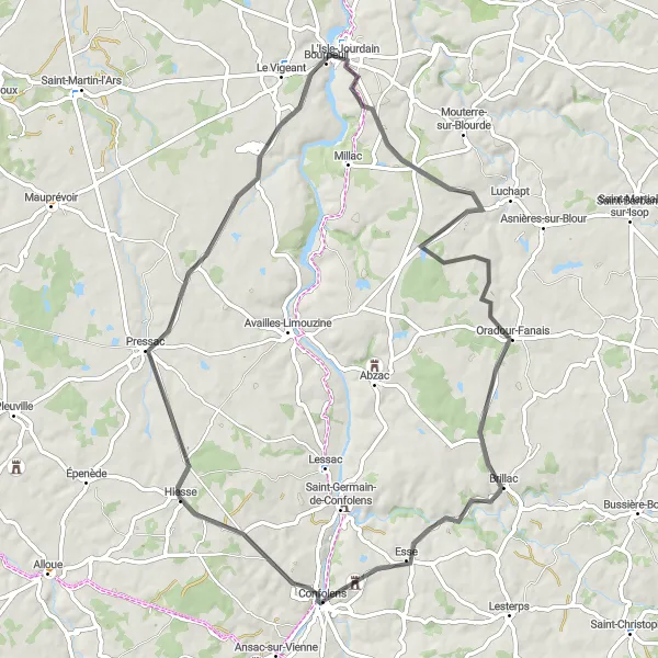 Map miniature of "Confolens to Château de Villevert Loop" cycling inspiration in Poitou-Charentes, France. Generated by Tarmacs.app cycling route planner