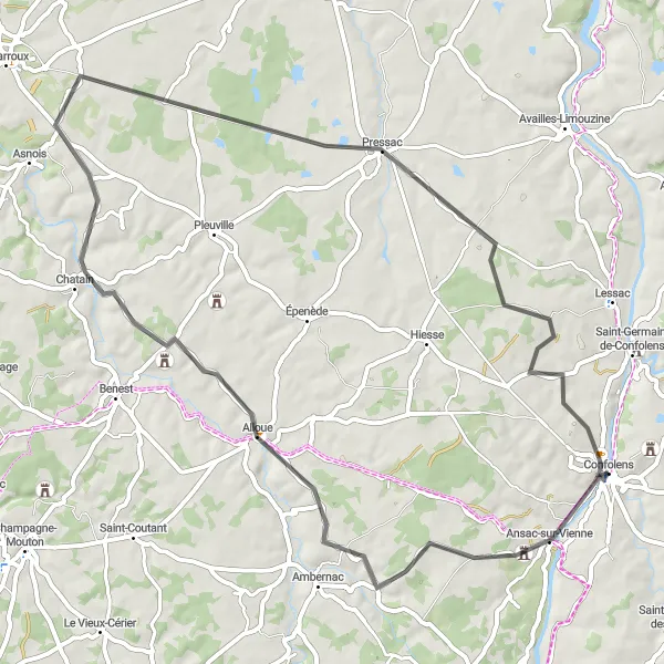 Miniature de la carte de l'inspiration cycliste "Boucle autour de Confolens" dans la Poitou-Charentes, France. Générée par le planificateur d'itinéraire cycliste Tarmacs.app