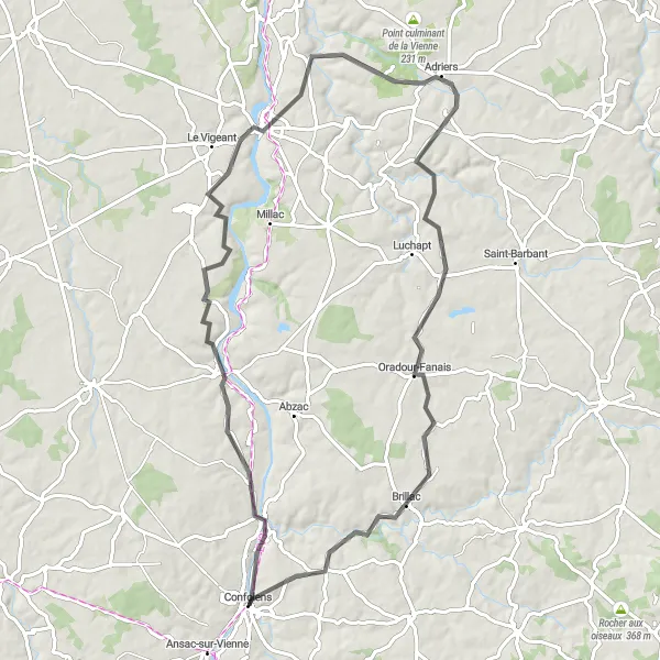 Miniature de la carte de l'inspiration cycliste "Tour panoramique de la Vienne" dans la Poitou-Charentes, France. Générée par le planificateur d'itinéraire cycliste Tarmacs.app