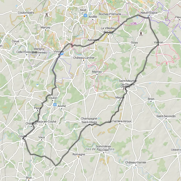 Map miniature of "A Cycling Adventure through Vivonne" cycling inspiration in Poitou-Charentes, France. Generated by Tarmacs.app cycling route planner