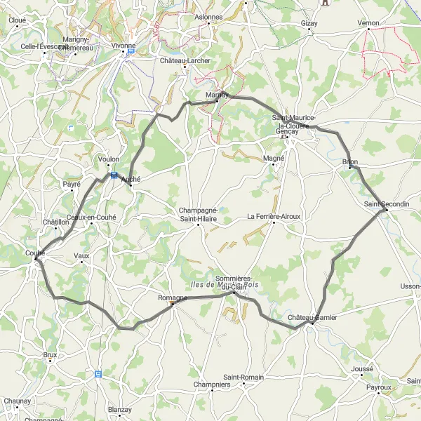 Miniature de la carte de l'inspiration cycliste "Les Villages Authentiques du Poitou" dans la Poitou-Charentes, France. Générée par le planificateur d'itinéraire cycliste Tarmacs.app