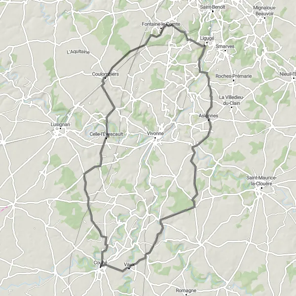 Map miniature of "Historical Road Loop" cycling inspiration in Poitou-Charentes, France. Generated by Tarmacs.app cycling route planner