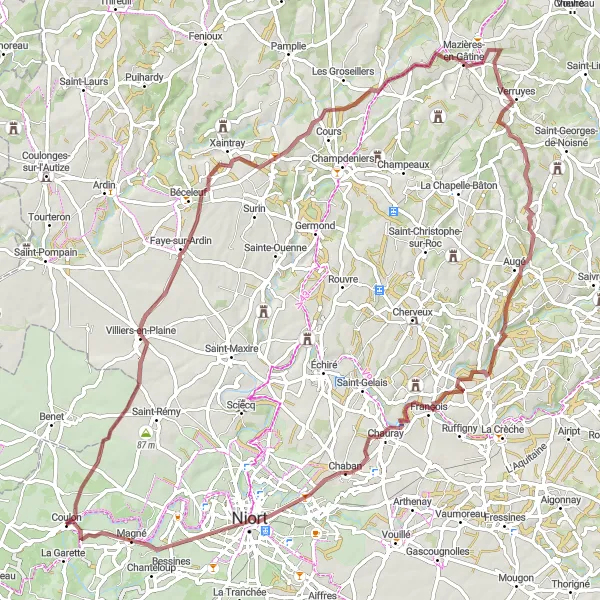 Miniature de la carte de l'inspiration cycliste "Exploration des Chemins de Gravel du Poitou" dans la Poitou-Charentes, France. Générée par le planificateur d'itinéraire cycliste Tarmacs.app