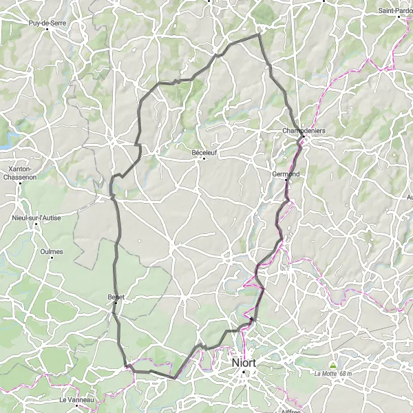 Miniature de la carte de l'inspiration cycliste "Parcours Saint-Pompain - Pamplie" dans la Poitou-Charentes, France. Générée par le planificateur d'itinéraire cycliste Tarmacs.app