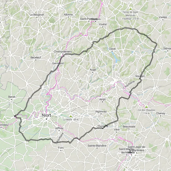 Map miniature of "The Saint-Maxire and Ménigoute Grand Tour" cycling inspiration in Poitou-Charentes, France. Generated by Tarmacs.app cycling route planner