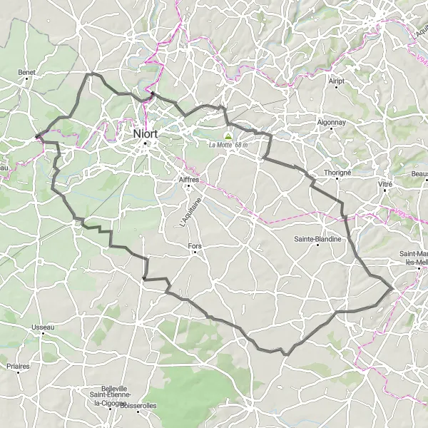 Map miniature of "The Mougon and Frontenay-Rohan-Rohan Circuit" cycling inspiration in Poitou-Charentes, France. Generated by Tarmacs.app cycling route planner