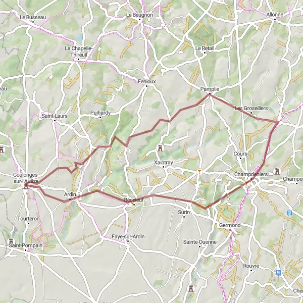 Map miniature of "The Saint-Marc-la-Lande Circular Gravel Route" cycling inspiration in Poitou-Charentes, France. Generated by Tarmacs.app cycling route planner