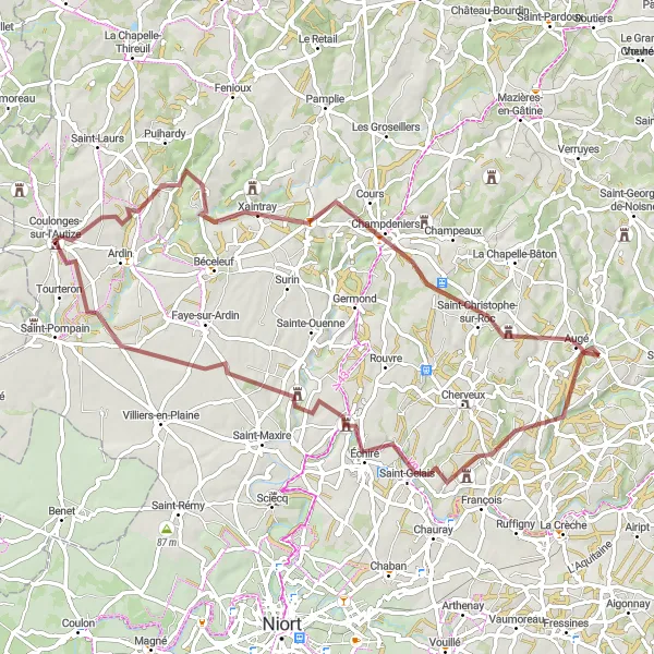 Miniature de la carte de l'inspiration cycliste "Les Châteaux de la Sèvre Niortaise" dans la Poitou-Charentes, France. Générée par le planificateur d'itinéraire cycliste Tarmacs.app