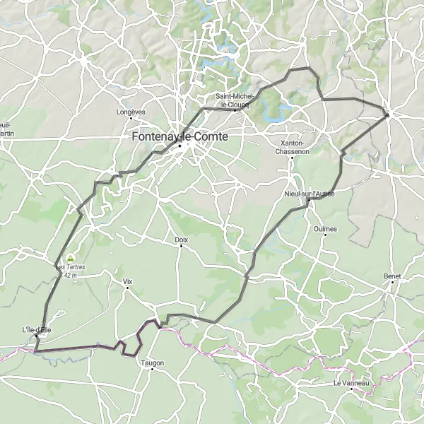 Map miniature of "Scenic Road Ride to Fontenay-le-Comte" cycling inspiration in Poitou-Charentes, France. Generated by Tarmacs.app cycling route planner