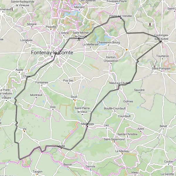 Map miniature of "The Nieul-sur-l'Autise and Chaix Road Loop" cycling inspiration in Poitou-Charentes, France. Generated by Tarmacs.app cycling route planner