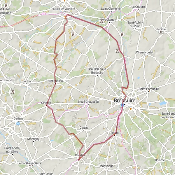 Map miniature of "Cirières Circuit" cycling inspiration in Poitou-Charentes, France. Generated by Tarmacs.app cycling route planner
