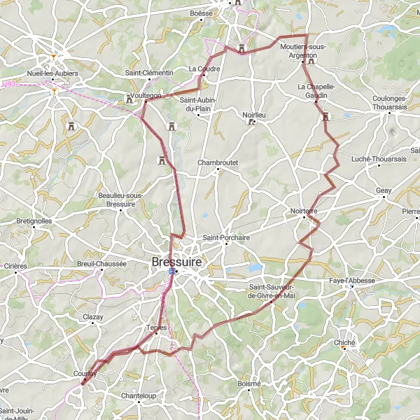 Map miniature of "Bressuire Loop" cycling inspiration in Poitou-Charentes, France. Generated by Tarmacs.app cycling route planner