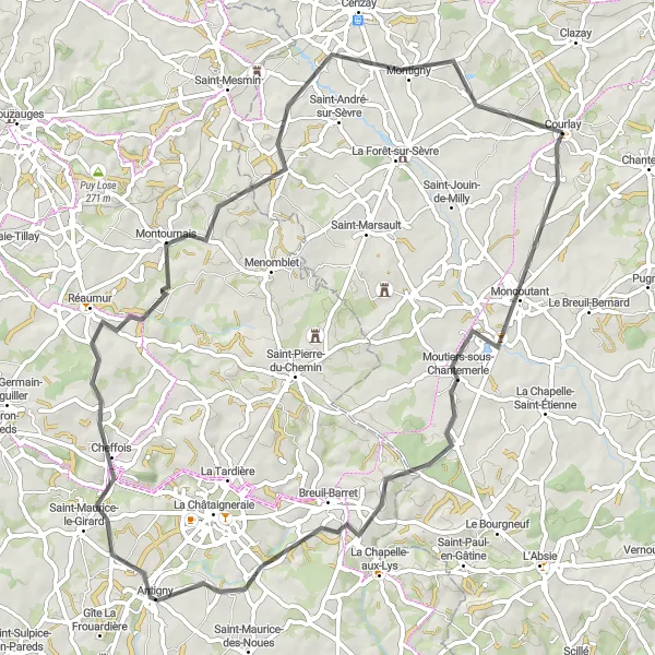 Map miniature of "Moncoutant Loop" cycling inspiration in Poitou-Charentes, France. Generated by Tarmacs.app cycling route planner