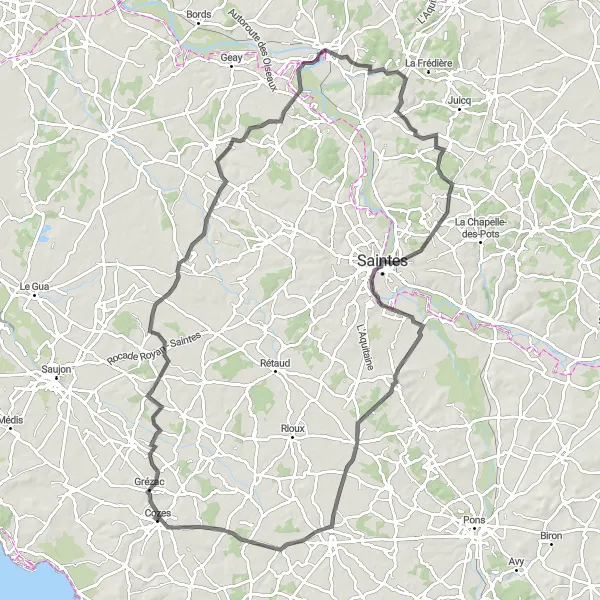 Map miniature of "The Grézac Loop" cycling inspiration in Poitou-Charentes, France. Generated by Tarmacs.app cycling route planner