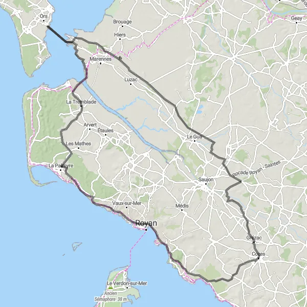 Map miniature of "The Estuaire Circuit" cycling inspiration in Poitou-Charentes, France. Generated by Tarmacs.app cycling route planner