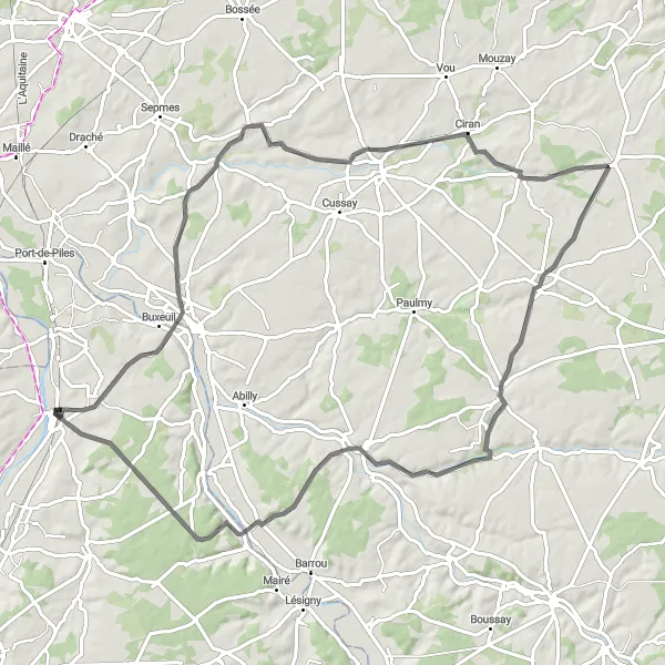 Map miniature of "Dangé-Saint-Romain Circuit" cycling inspiration in Poitou-Charentes, France. Generated by Tarmacs.app cycling route planner