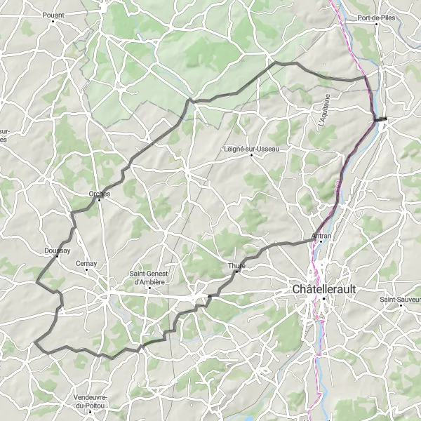 Map miniature of "Road Cycling through Antran and Doussay" cycling inspiration in Poitou-Charentes, France. Generated by Tarmacs.app cycling route planner