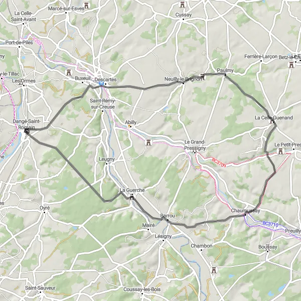 Miniature de la carte de l'inspiration cycliste "Le Circuit de Descartes" dans la Poitou-Charentes, France. Générée par le planificateur d'itinéraire cycliste Tarmacs.app