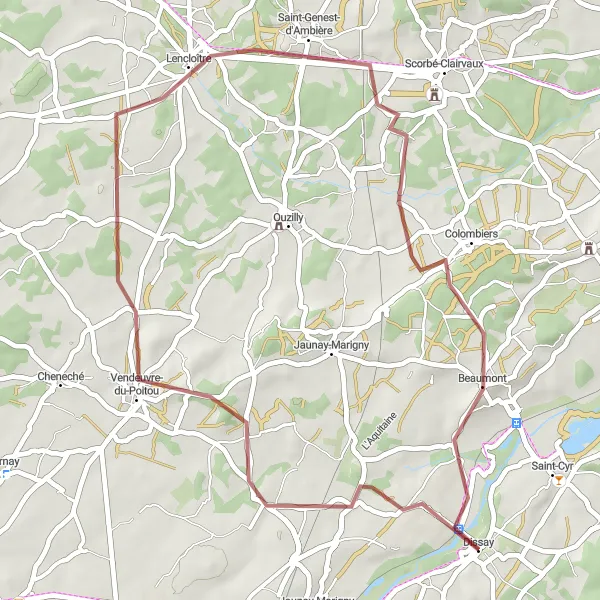 Miniature de la carte de l'inspiration cycliste "Chemin de Gravel à Vendeuvre-du-Poitou" dans la Poitou-Charentes, France. Générée par le planificateur d'itinéraire cycliste Tarmacs.app