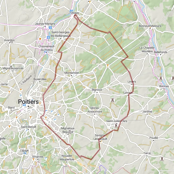 Miniature de la carte de l'inspiration cycliste "Aventure Gravel à travers les Bois" dans la Poitou-Charentes, France. Générée par le planificateur d'itinéraire cycliste Tarmacs.app