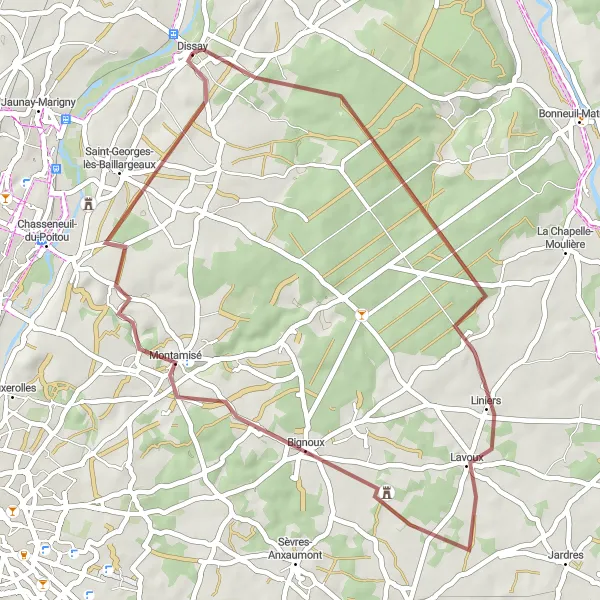 Miniature de la carte de l'inspiration cycliste "Chemin de Gravel vers Liniers" dans la Poitou-Charentes, France. Générée par le planificateur d'itinéraire cycliste Tarmacs.app