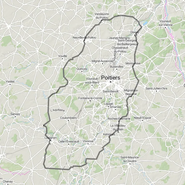 Miniature de la carte de l'inspiration cycliste "Circuit Épique de Dissay à Saint-Cyr" dans la Poitou-Charentes, France. Générée par le planificateur d'itinéraire cycliste Tarmacs.app