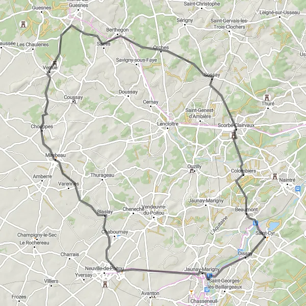 Miniature de la carte de l'inspiration cycliste "La Route des Châteaux et des Villages" dans la Poitou-Charentes, France. Générée par le planificateur d'itinéraire cycliste Tarmacs.app