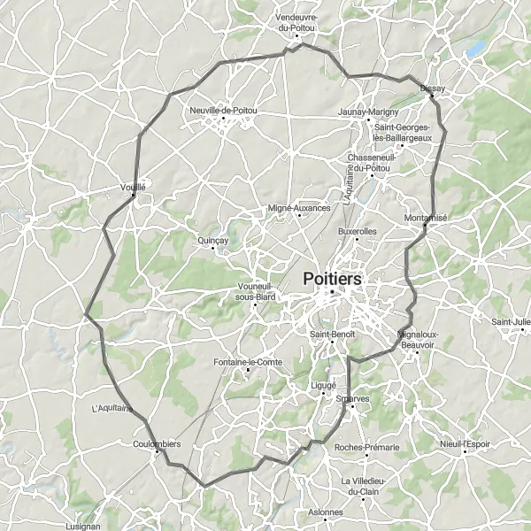 Map miniature of "The Montamisé Loop" cycling inspiration in Poitou-Charentes, France. Generated by Tarmacs.app cycling route planner