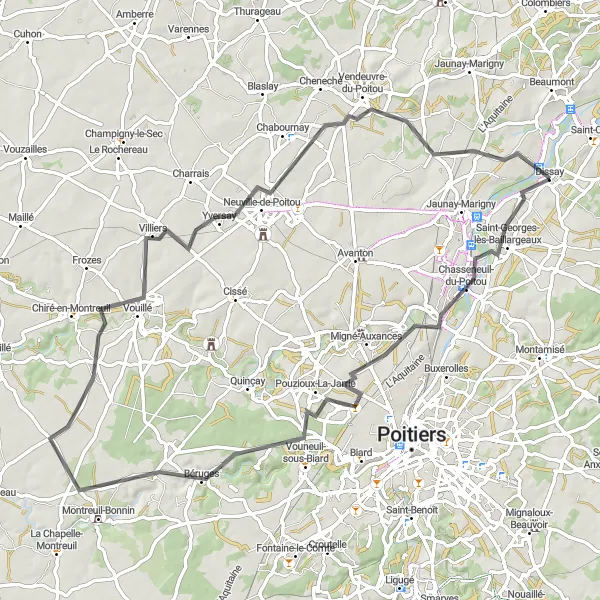 Miniature de la carte de l'inspiration cycliste "La Vallée de la Boivre en Roue Libre" dans la Poitou-Charentes, France. Générée par le planificateur d'itinéraire cycliste Tarmacs.app