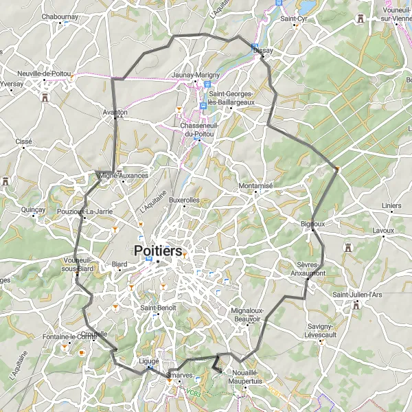 Map miniature of "The Château Circuit" cycling inspiration in Poitou-Charentes, France. Generated by Tarmacs.app cycling route planner