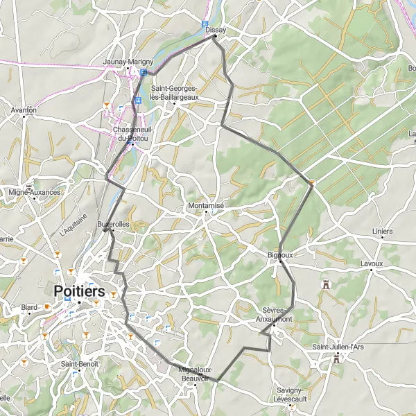 Map miniature of "Route starting near Dissay (Road)" cycling inspiration in Poitou-Charentes, France. Generated by Tarmacs.app cycling route planner