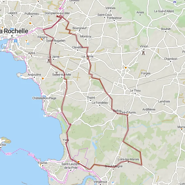 Map miniature of "Challenging Gravel Ride exploring Croix-Chapeau and Salles-sur-Mer" cycling inspiration in Poitou-Charentes, France. Generated by Tarmacs.app cycling route planner