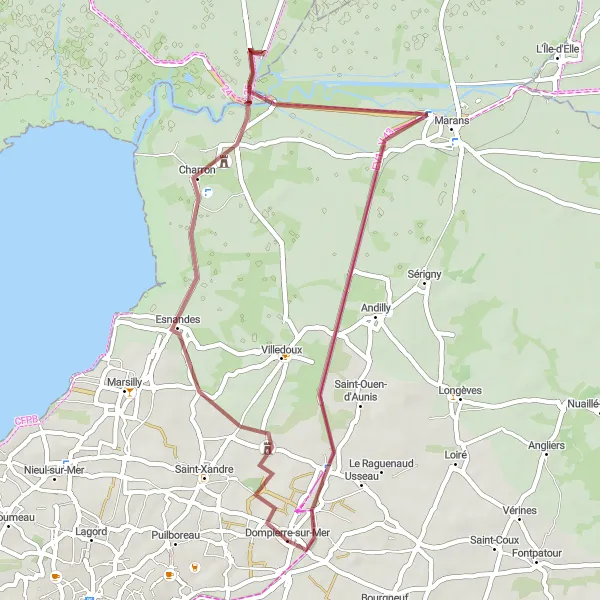 Map miniature of "Exploring Esnandes and Les Petites Rivières by Gravel Bike" cycling inspiration in Poitou-Charentes, France. Generated by Tarmacs.app cycling route planner