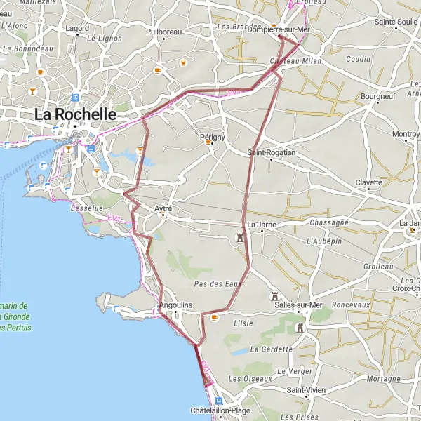 Map miniature of "Dompierre-sur-Mer Gravel Loop" cycling inspiration in Poitou-Charentes, France. Generated by Tarmacs.app cycling route planner