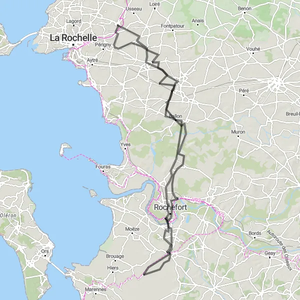 Map miniature of "Rochefort and Ciré-d'Aunis Road Cycling Loop" cycling inspiration in Poitou-Charentes, France. Generated by Tarmacs.app cycling route planner
